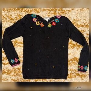 Vintage Arriviste Black Beaded Embroidered Boho Tunic Sweater - Small